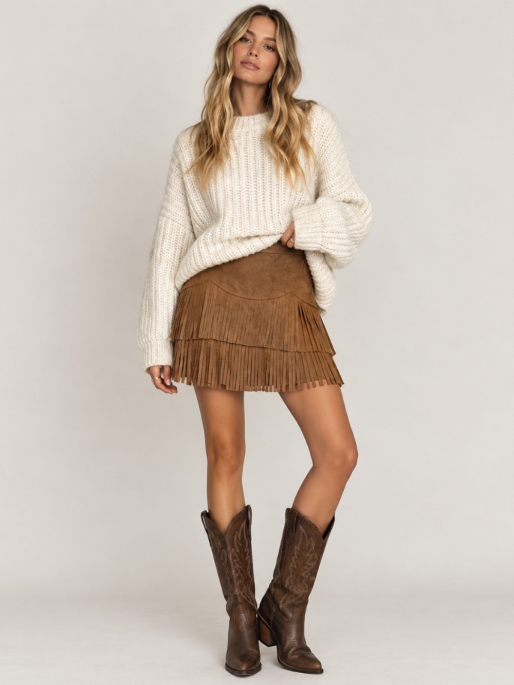 Faux Brown Suede Fringe Mini Skirt Sz M Western Cowgirl Boho Fall Trend